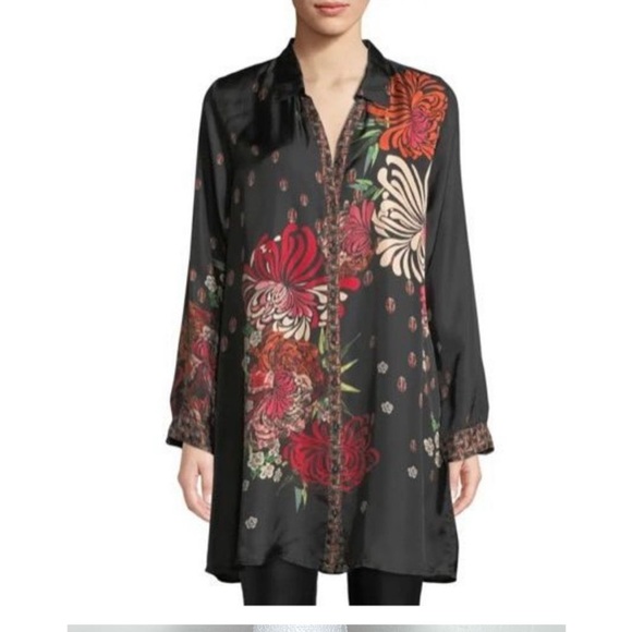 Johnny Was Tops - Johnny Was Silk Carro Button Front Floral Print Tunic